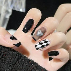 Black Gingham Heart Wearable Nail Long Ballet False Nail Sticker High-End Daily Nail Beauty Wholesale