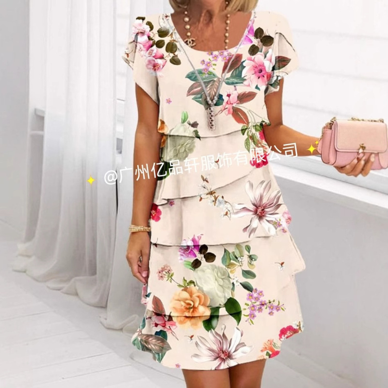 European and American AliExpress short sleeve round neck 3D printing series spring chiffon dress European and American AliExpress short sleeve round neck 3D printing series spring chiffon dress