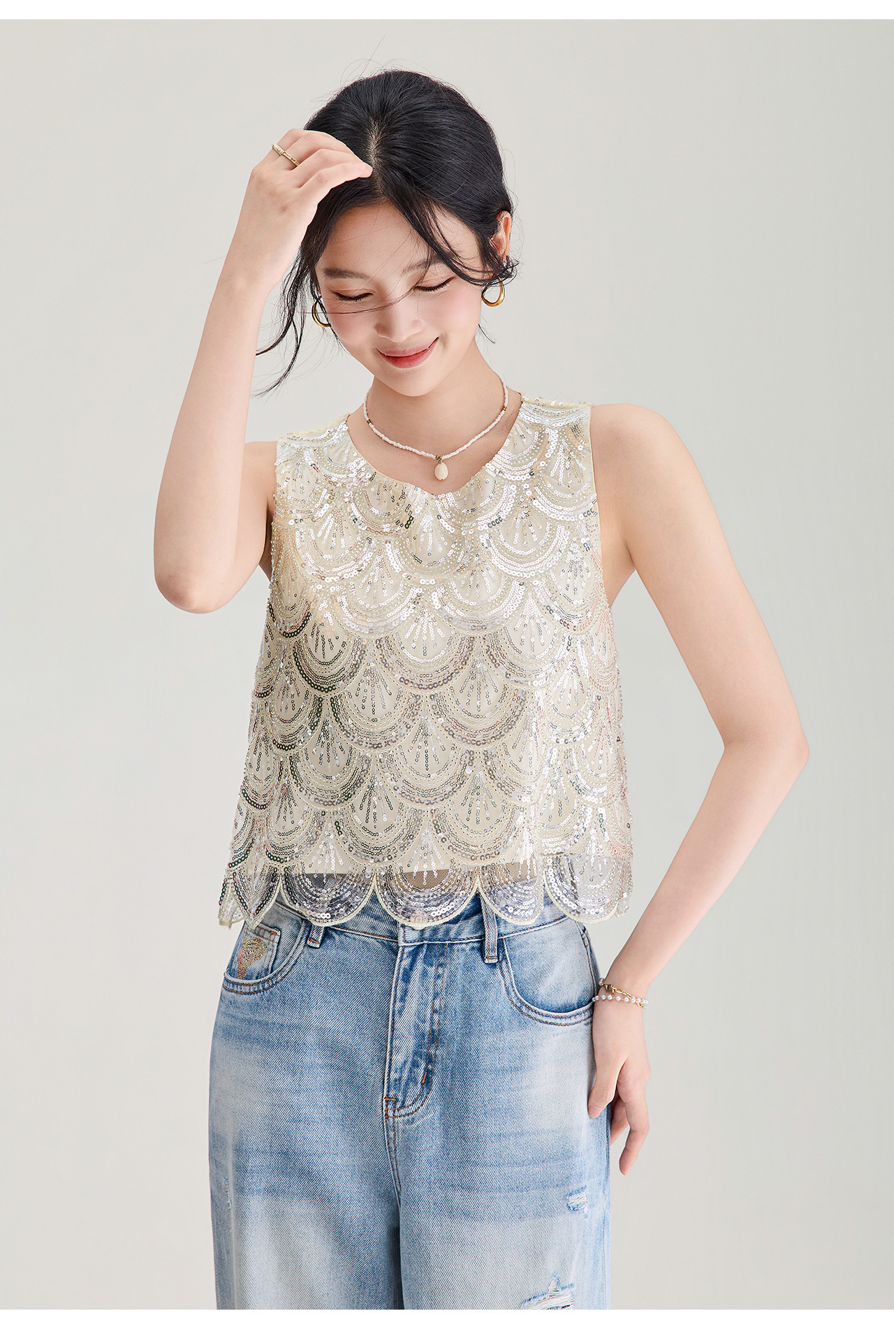 Áo hai dây nữ đính cườm sequin cao cấp phong cách Pháp — màu đen chi tiết 22