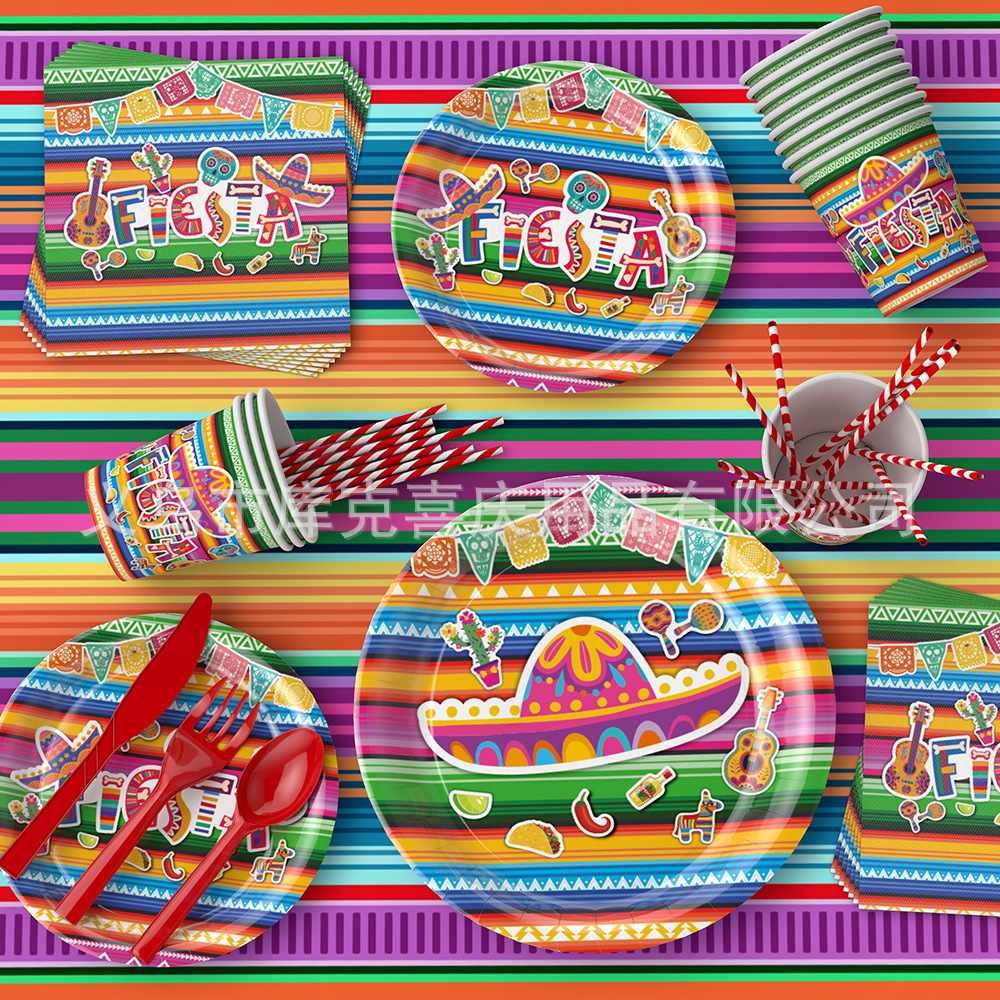 Amazon México carnaval fiesta decoración vintage color rayas papel plato taza de papel tire bandera decoración traje