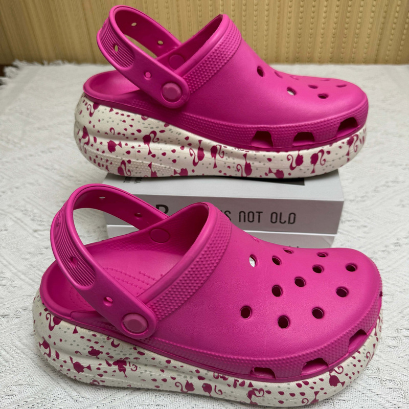 Cross Puff Transfer Print Women's Thick-Soled Height-Increasing Beach Shoes Non-Slip Soft Sole Comfortable Slippers High Heels