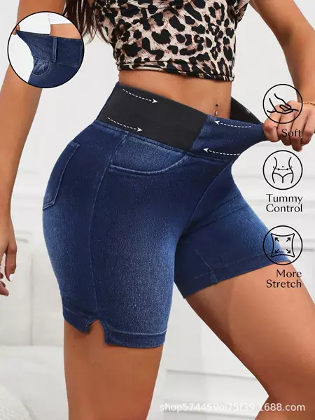 Amazon Tiktok Pinduoduo Foreign Trade Cross-Border European and American High-Elastic Tummy Control Denim Shorts for Women, Tummy Control and Butt-Lifting, Summer