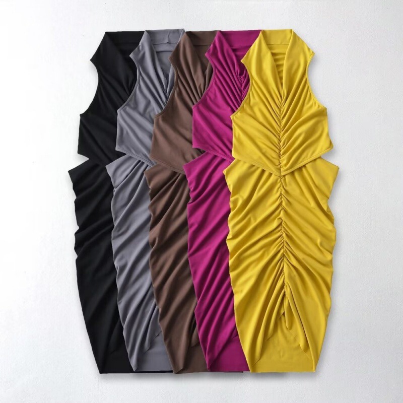 European and American style women's new sexy pleated solid color sleeveless dress sleeveless tight hip dress ins