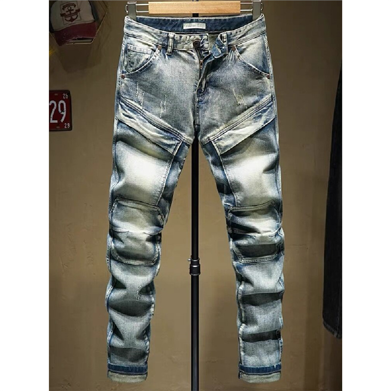 Abbigliamento maschile Jeans da motociclista retrò alla moda per uomo, Jeans skinny aderenti elasticizzati con patchwork effetto consumato, Pantaloni casual lavati in stile coreano._voghion.com