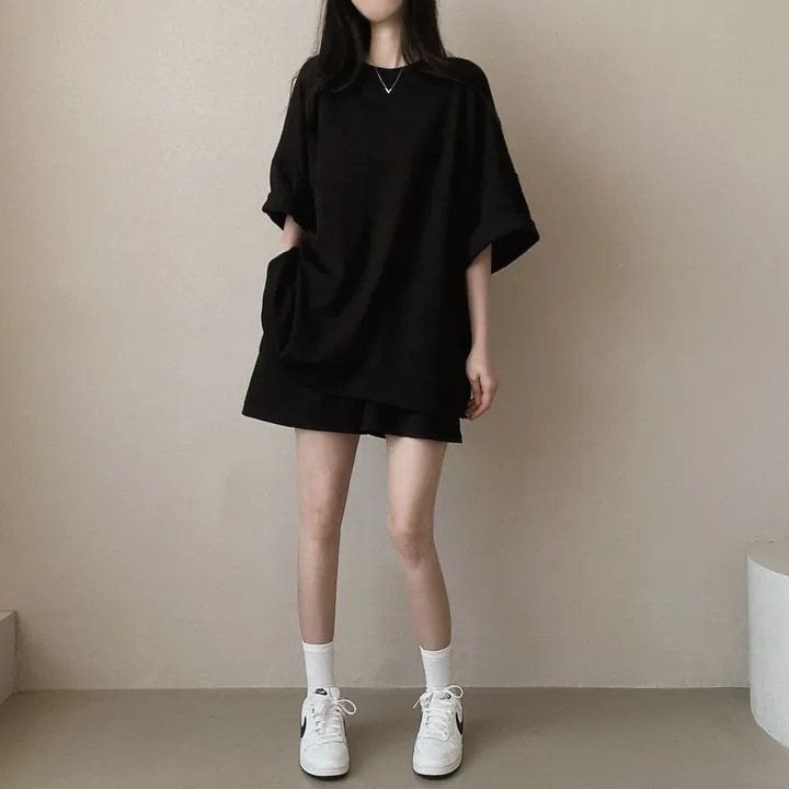 clothing100 Pure Cotton suit Women's Sports Casual Shorts Solid Color Couple Two Pieces Korean Style Summer Short-sleeved T
