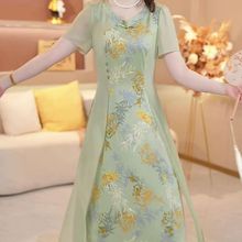 新中式风印花连衣裙2025夏季新款显妈妈短袖收腰改良旗袍裙子
