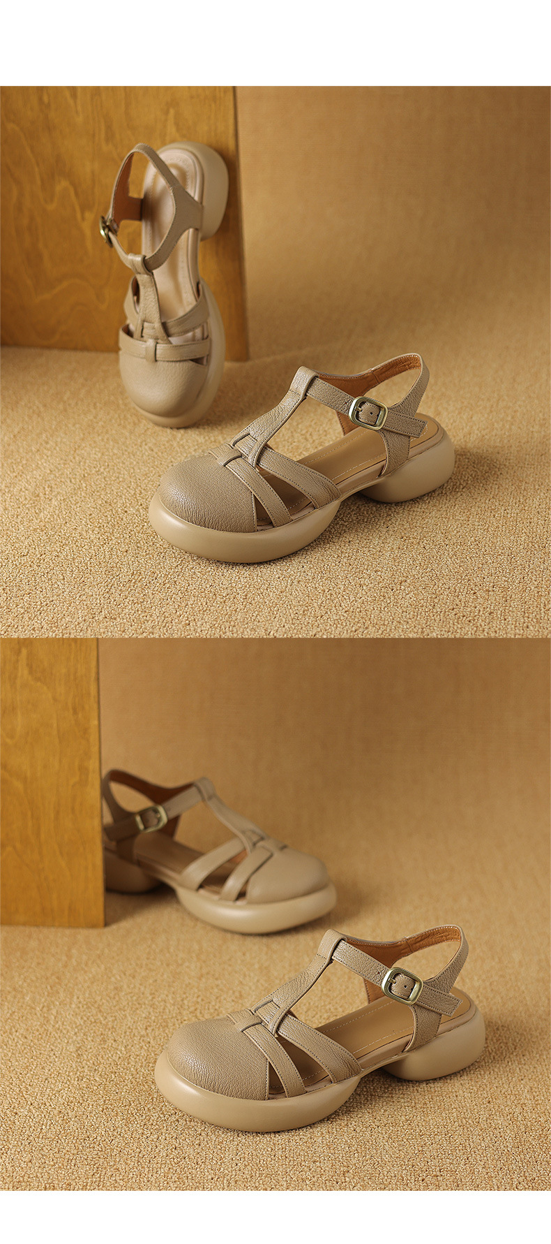Sandal nữ da cừu mũi kín đế dày gót vuông khóa chữ T phong cách La Mã — Màu trắng be chi tiết 16