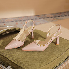 75706 Lamb Skin Rivet High Heels Women 2024 Summer New Cap Toe Leather Strap Sandals
