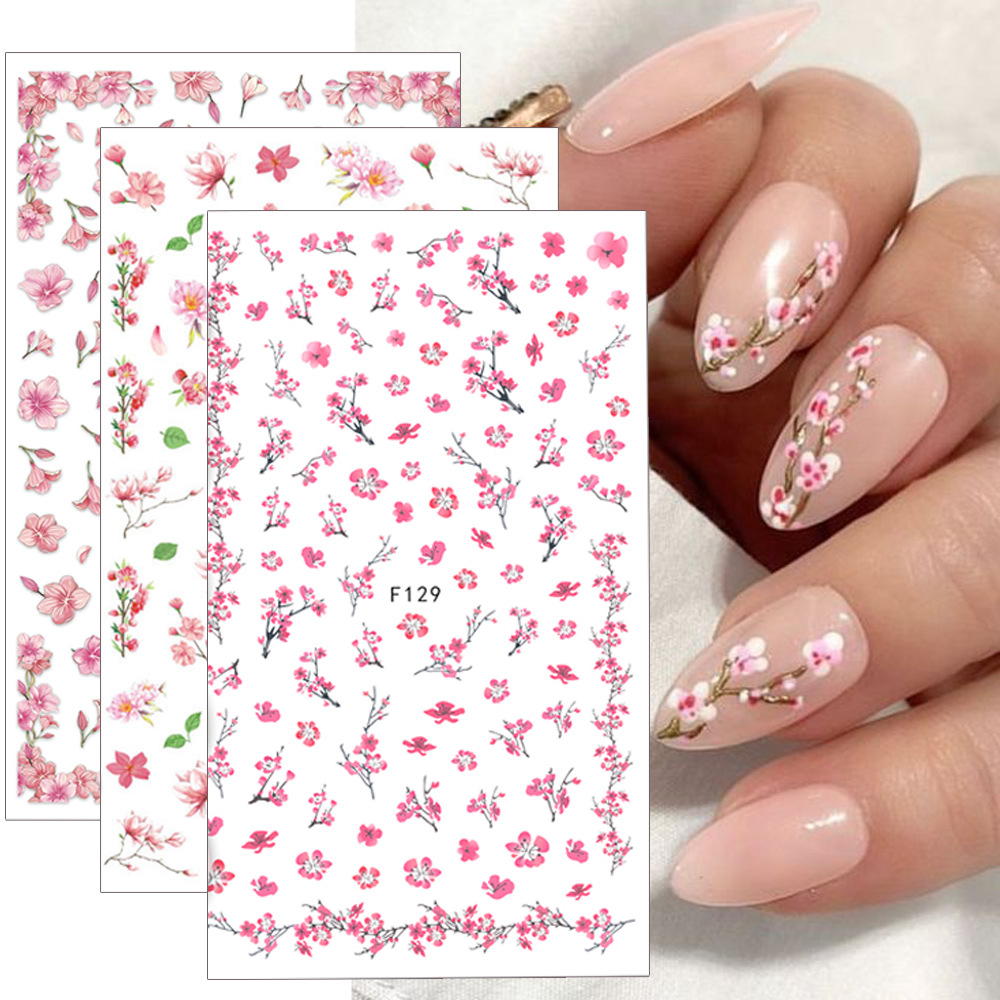Cross-border new nail stickers ins spring and summer pink cherry blossom beautiful fresh nails with adhesive nail stickers