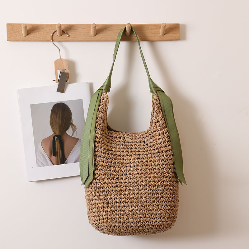 Japanese Style Ribbon Shoulder Straw Woven Bag New Large Capacity Solid Color Woven Bag Seaside Holiday Beach Bag Fashion Straw Bag Japanese Style Ribbon Shoulder Straw Woven Bag New Large Capacity Solid Color Woven Bag Seaside Holiday Beach Bag Fashion Straw Bag