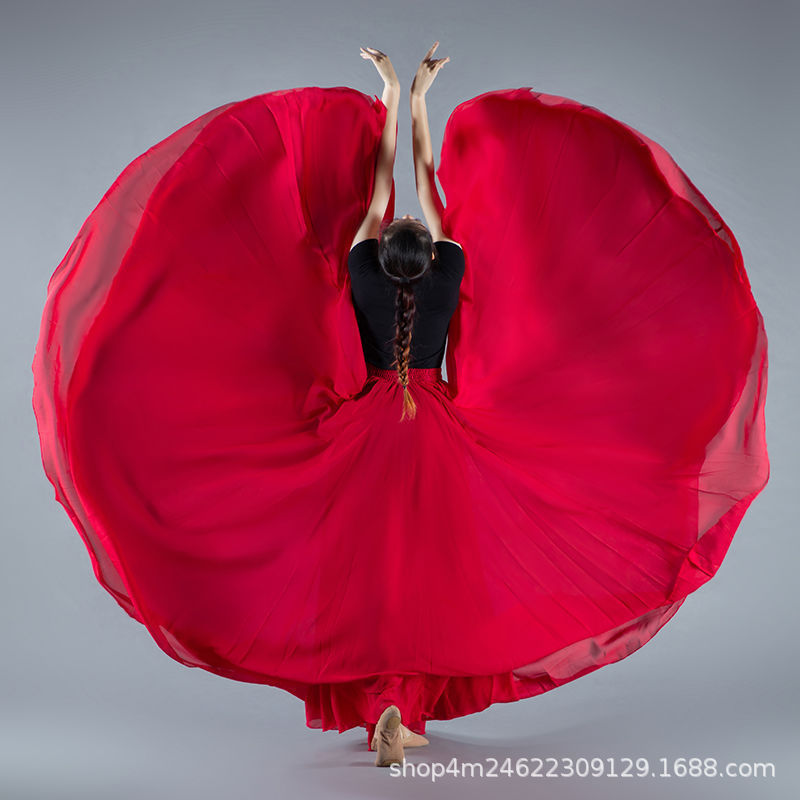 Large Skirt Dance Skirt 720-Degree Long Skirt Double-Layer Chiffon Large Skirt New Red Performance Costume High-Waisted Skirt