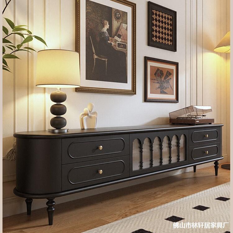 French Retro Tv Cabinet Living Room Solid Wood Mid-Century Style Black High Tv Cabinet Combination Home American Floor Cabinet