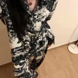 国风新中式水墨印花德绒睡衣女秋冬季加厚保暖家居服大码套装外穿