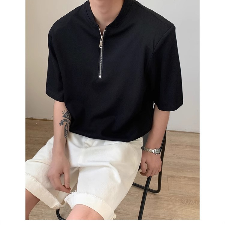 작은 높은 칼라 디자인 센스 반 지퍼 패드 숄더 티셔츠 남성용 높은 콜드 금욕 느슨한 반팔 최고 V 넥 헨리 트렌디 셔츠