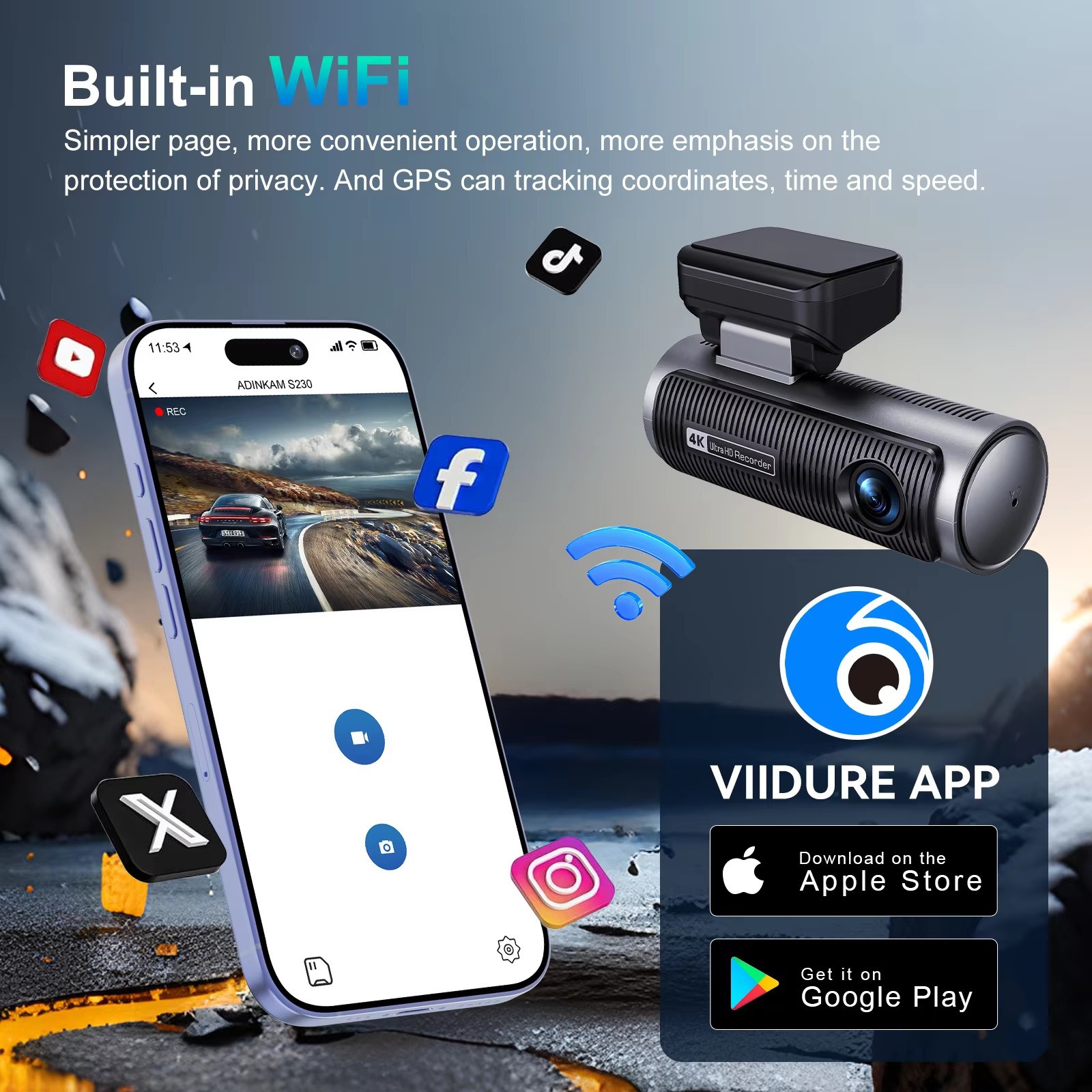 Cross-Border Driving Recorder with High-Definition Dual Lenses, Front and Rear 4K+4K, Mobile Phone Wifi Connectivity, Gps Car Recorder