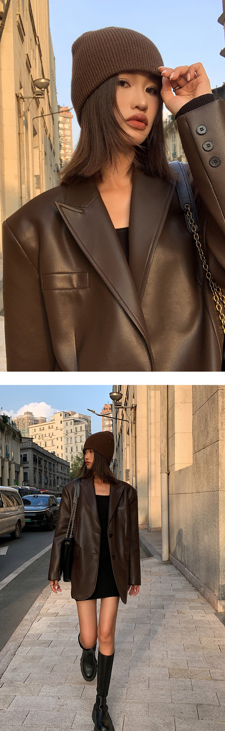 Pocket Design Women's Streetwear Solid Color Pocket Single Breasted Leather Jacket Casual Jacket