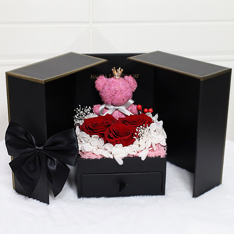 Festtagsgeschenke Weihnachten Valentinstag Bär Geschenkbox mit konservierten Blumen Doppeltür Rosen-Halskette Schmuckkästchen Weihnachtsgeschenk Lippenstift Geschenkbox_voghion.com