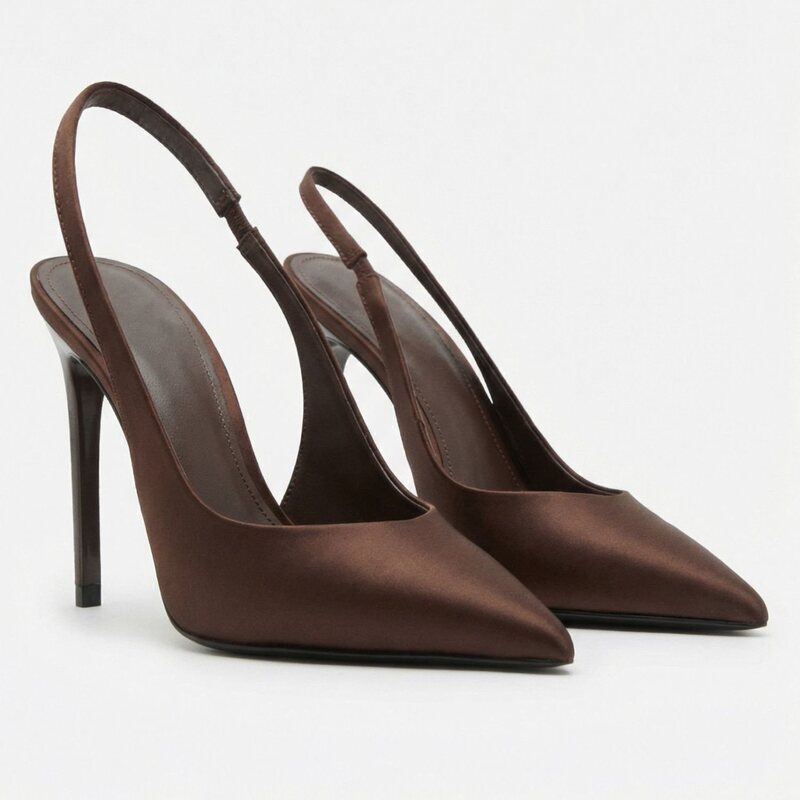 Mng Brown Satin Stiletto Sandals That Make Legs Look Longer, Silk Satin Sandals, 2026 New Style, Elegant High-Heeled Shoes