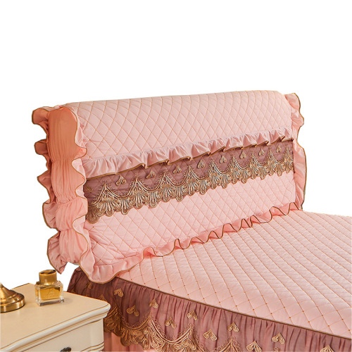 D61H批发纯色夹棉刺绣蕾丝全包围床头罩保护套软包弧形木床通用弹