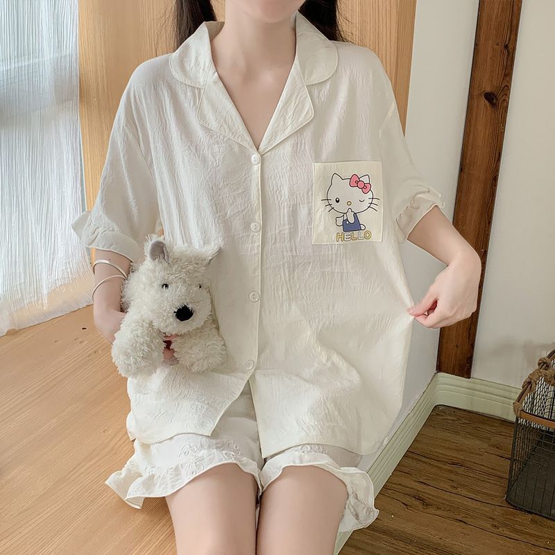 Venta al por mayor transfronteriza nuevo verano nube algodón jacquard pijama mujer solapa KT gato cardigan lindo traje casual de servicio a domicilio