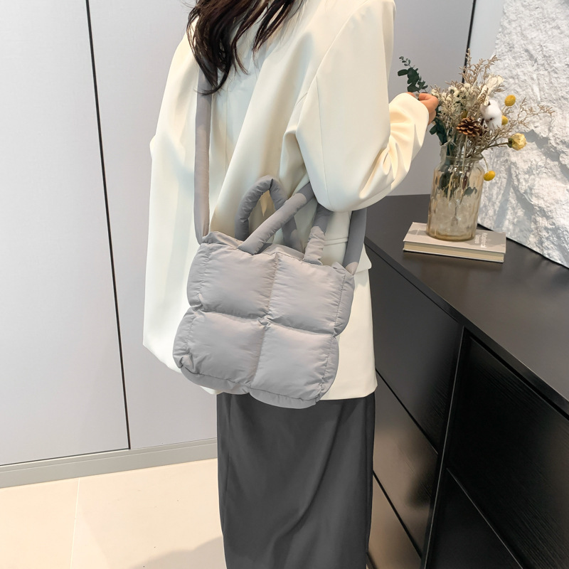Diamond square tote bag summer 2024 new style soft cotton filled pillow bag single shoulder underarm bag puff bag female_voghion.com