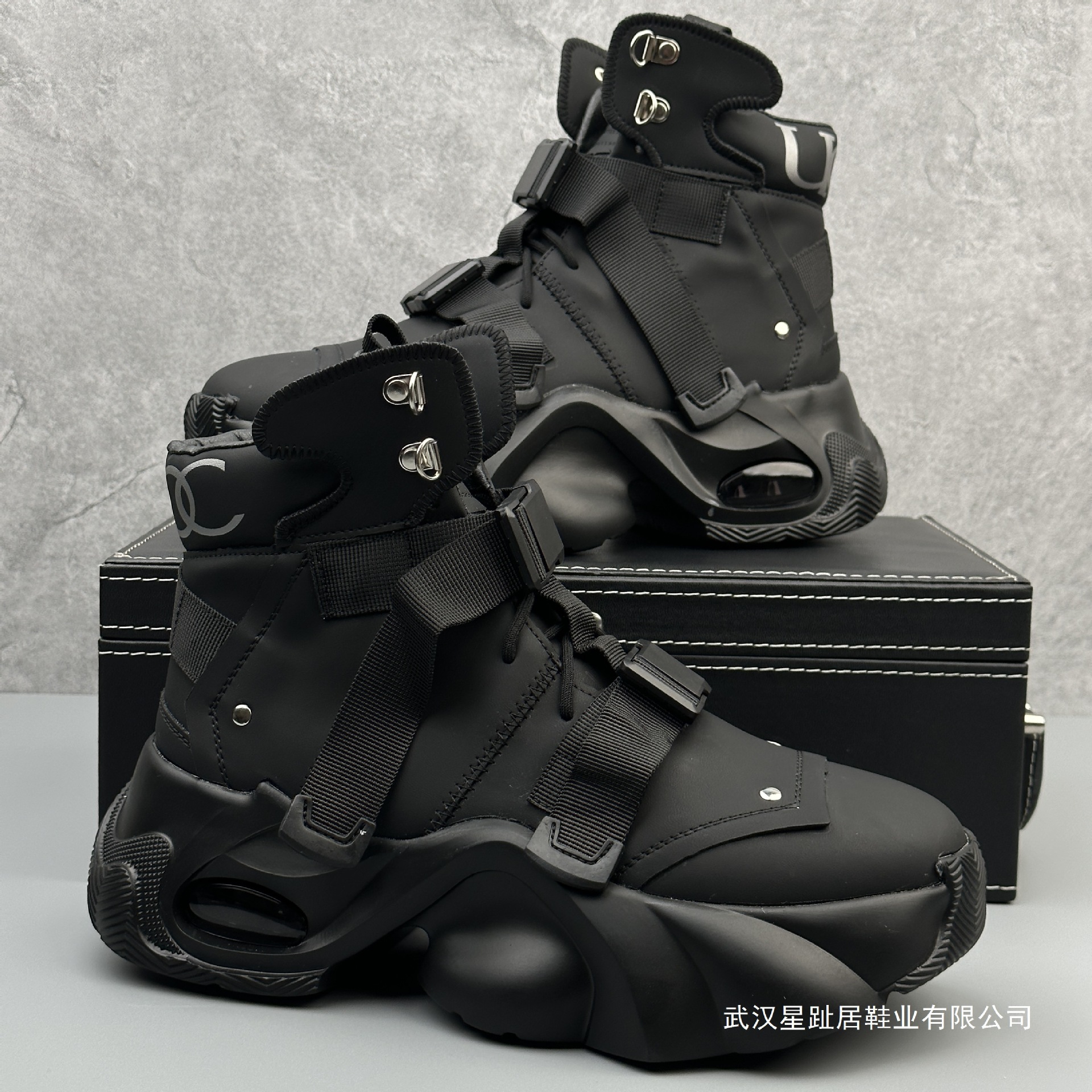 European Men's High-Top Shoes 2025 Spring Trendy Black Warrior Popular Dad Shoes Super Popular Height-Increasing Sneakers