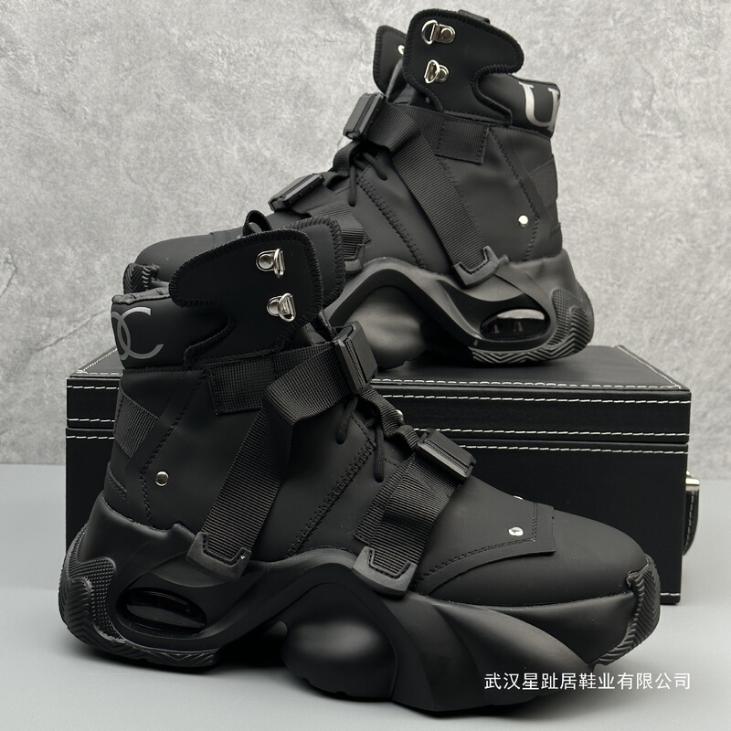 European Men's High-Top Shoes 2025 Spring Trendy Black Warrior Popular Dad Shoes Super Popular Height-Increasing Sneakers