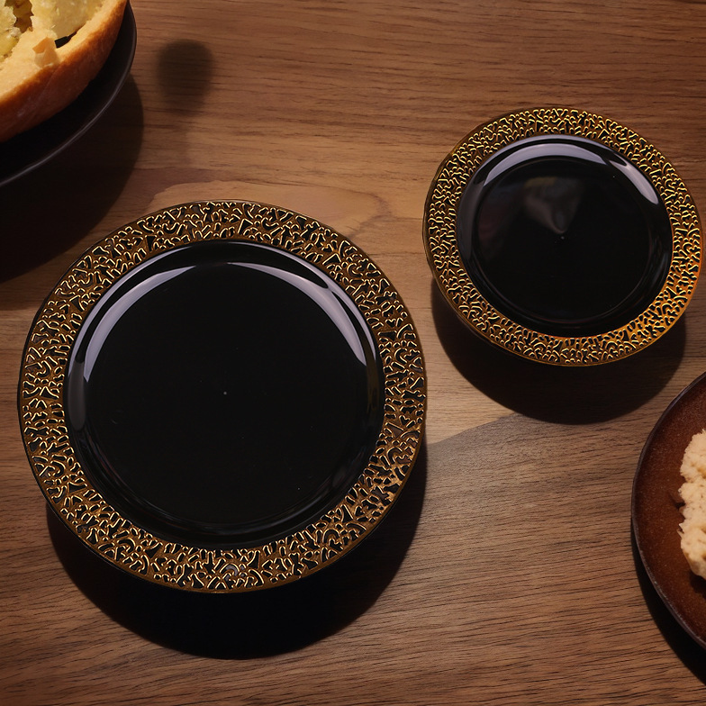 Cross-border hot sale party tableware high-end party plate food plate dinner plastic plate black hollow Western plate