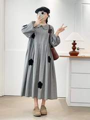 2025秋季新款 千鸟格翻领立体花朵 宽松大版女士连衣裙孕妇可穿