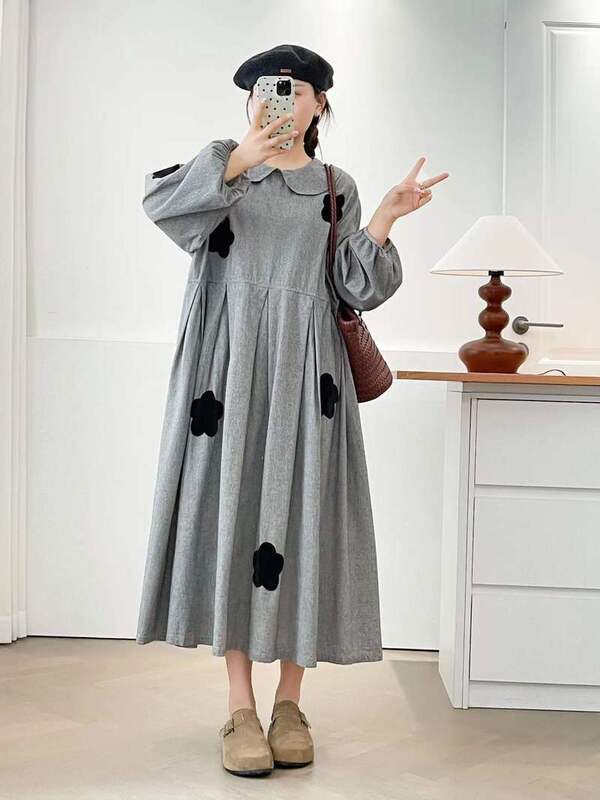 2026 Spring New Style Houndstooth Lapel with Three-Dimensional Flowers Loose Fit Women's Dress Suitable for Pregnant Women