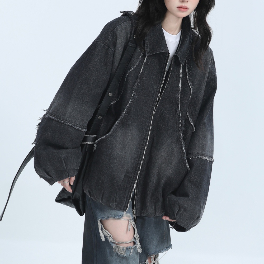 American retro heavy-duty washed frayed denim jacket, new autumn style, loose fit, niche hip-hop trendy brand jacket for men and women.