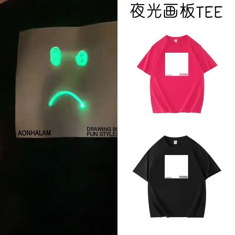 American Luminous Sketchpad Short-sleeved T-shirt Fluorescent Clothes Painting Luminous Printing Neutral Style Heavy-weight Niche Design Sense