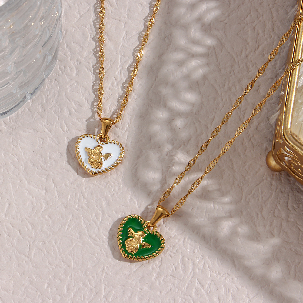18K Gold Plated Plating Material 304 Stainless Steel, Enamel Pendant Material Wholesale Jewelry Fashion Heart Shape 304 Stainless Steel 18K Gold Plated PVD Coated Plating Pendant Necklace