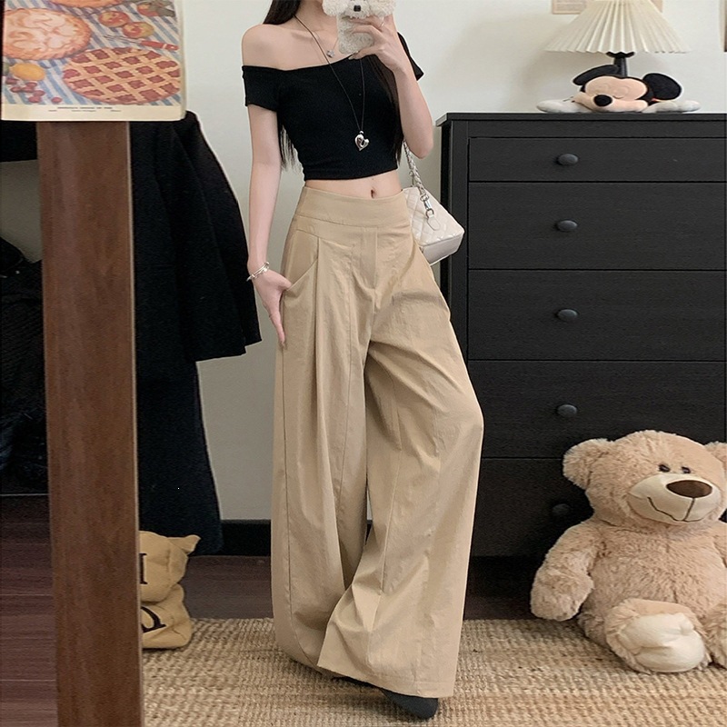Irina Korean-Style Drapey Casual Pants for Women, Summer Thin High-Waisted Loose Design Wide-Leg Pants, Floor-Length Trousers