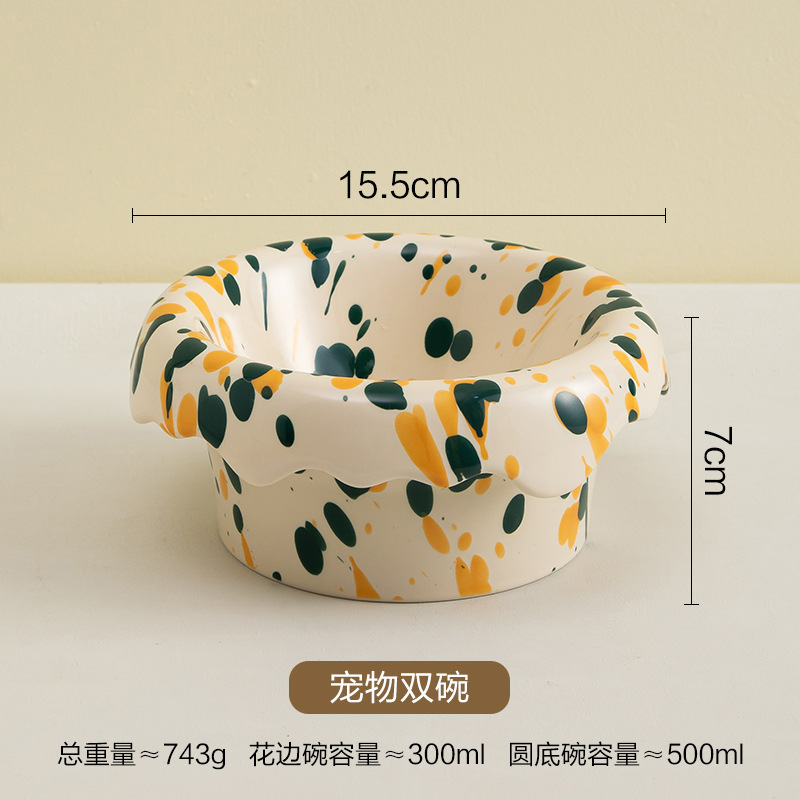 ins泼墨气泡宠物双碗护颈防打翻猫食盆釉下彩陶瓷猫咪饭碗宠物碗|undefined