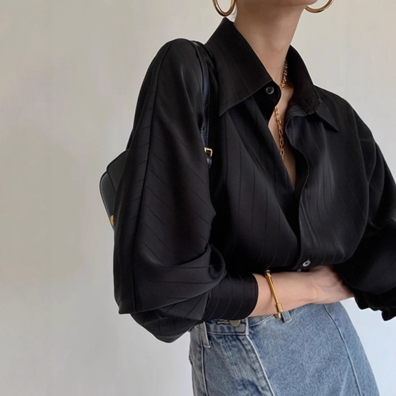 Acetate Satin Striped Black Shirt Women's Right Shoulder French Professional Draped Shirt Summer Layered Inner Top Acetate Satin Striped Black Shirt Women's Right Shoulder French Professional Draped Shirt Summer Layered Inner Top