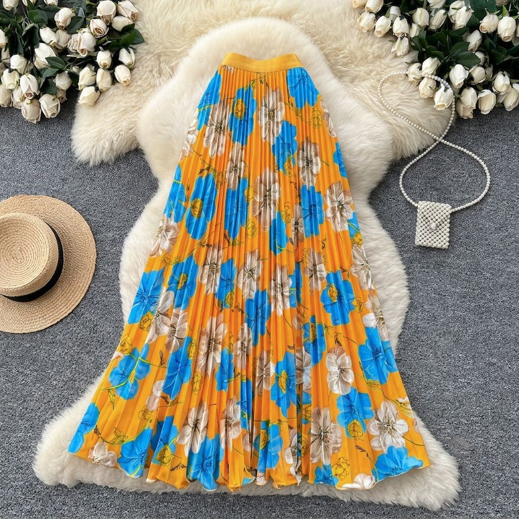 Women's Retro Print Pleated Skirt High Waist A-Line Midi Fashion Skirt for Commuting Summer Long Skirt European And American Style_ecoleips.com