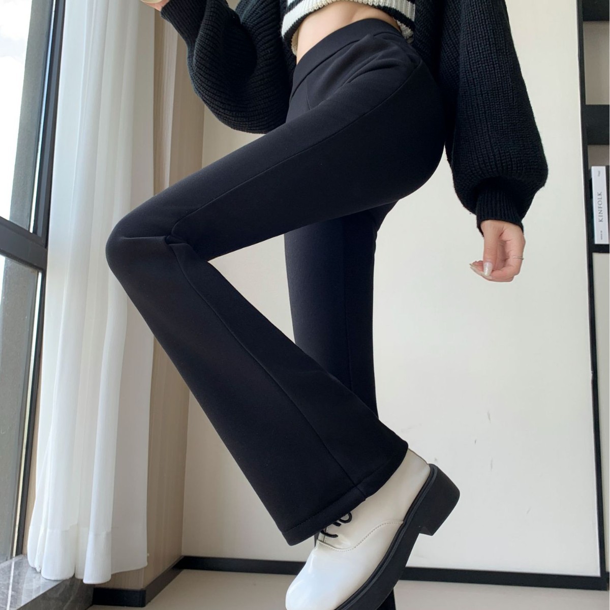 【加绒超模裤】女冬2025新款高腰加厚女裤加绒长微喇叭休闲女裤子