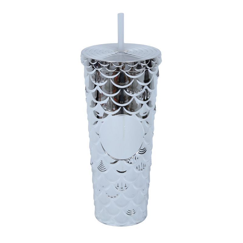 新款榴莲杯立体浮雕鱼鳞杯厂家直供创意大容量双层塑料吸管杯定制