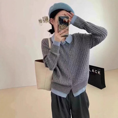 气质灰色拼接毛衣假两件针织开衫2025春季新款女装设计感小众上衣