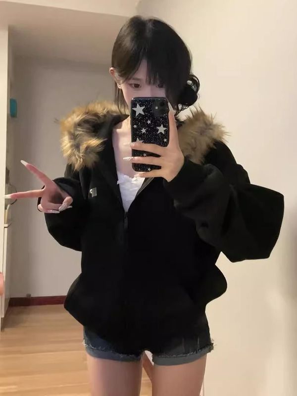 美式复古高街毛领连帽卫衣女春秋oversize秋冬加厚外搭开衫棒球服|undefined