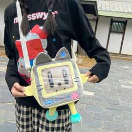 新款超萌原创毛绒小方喵可爱痛包趣味变换表情零钱包毛毛斜挎包