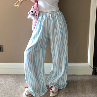 Korean Style Striped Women's Summer Thin Plus-Size Long Pajama Pants with a High-End Feel, Suitable for Wearing Outside, Loungewear Pants for Spring and Autumn