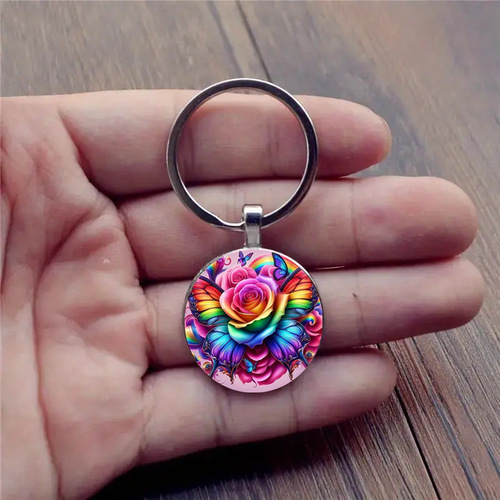 Keychain with a magical and beautiful seven-color divine flower pattern glass pendant, personalized keychain