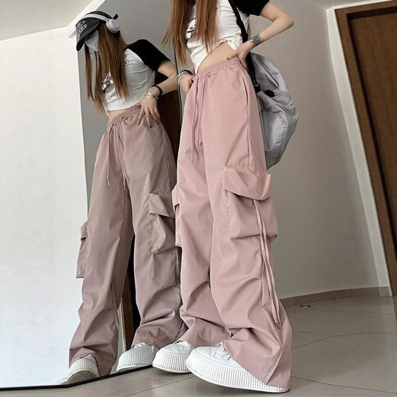Women's Cargo Pants, American Retro Style, Quick-Drying, Summer High-Waisted, Straight-Leg, Wide-Leg, with Ribbons, Loose, Casual, Floor-Length, Trendy Women's Cargo Pants, American Retro Style, Quick-Drying, Summer High-Waisted, Straight-Leg, Wide-Leg, with Ribbons, Loose, Casual, Floor-Length, Trendy