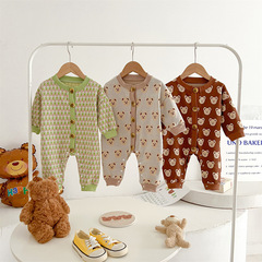 3-6-9-12 months boys and girls autumn and winter one-piece clothes with front button quality teddy bear trendy pinafore crawl suit