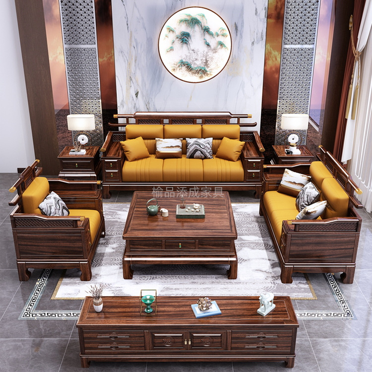 Foshan New Chinese Style Ebony Solid Wood Sofa Combination Modern Simple Winter and Summer Living Room Set Furniture