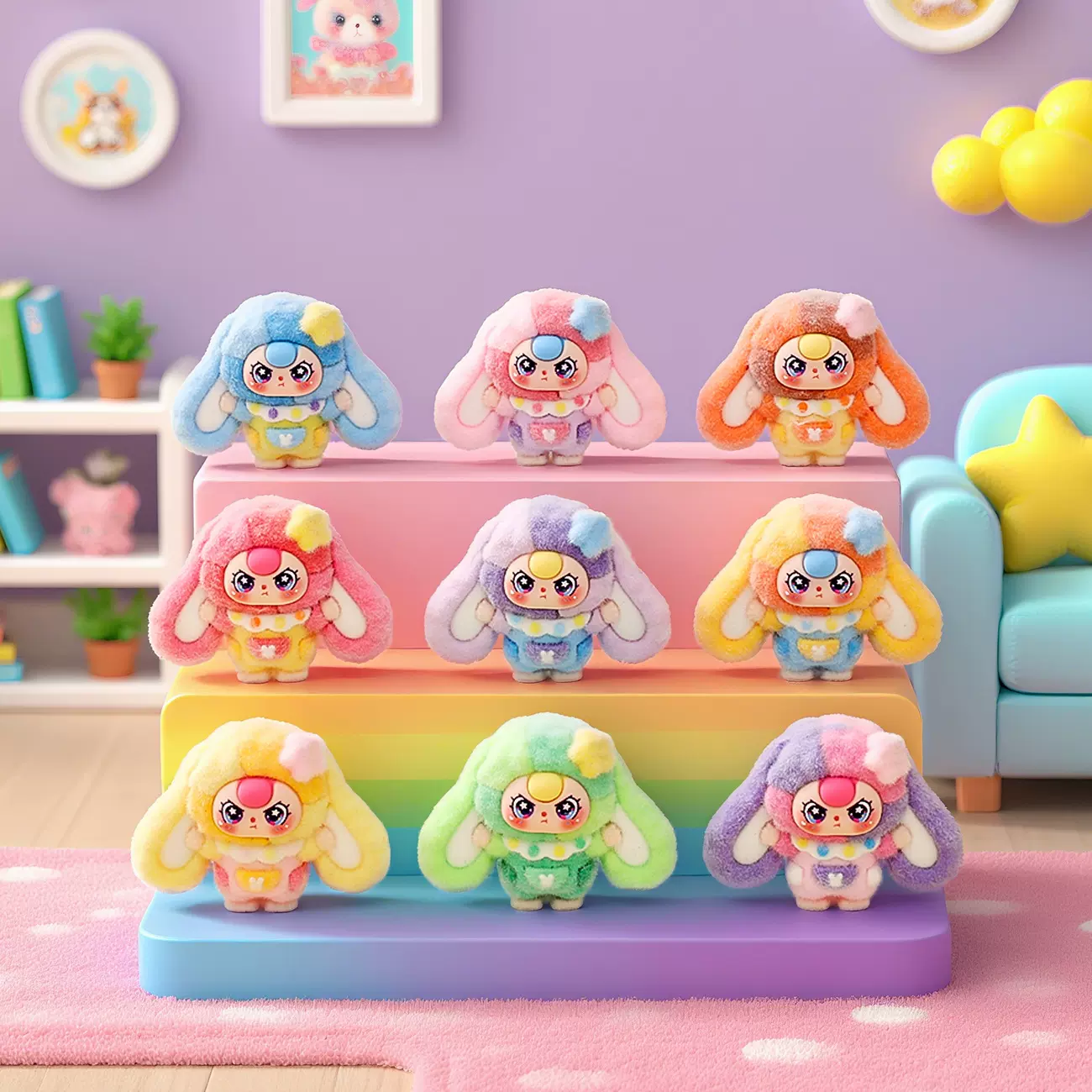 植绒大耳兔娃三岁系列萌粒公仔办公桌面摆件潮玩萌粒盲盒配件批发