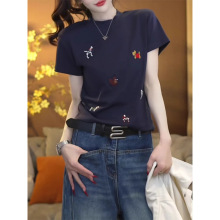 重工球球狗刺绣圆领短袖T恤女2025春季新款时尚休闲百搭显瘦上衣