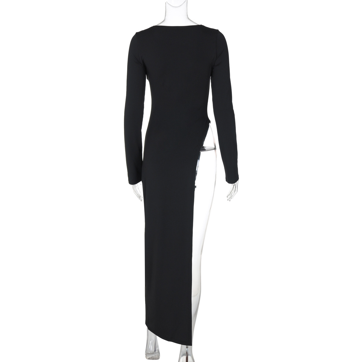Solid Color Pattern Wholesale Women's Streetwear Slit Dress Solid Color Holiday Round Neck Long Sleeve Slit Dress